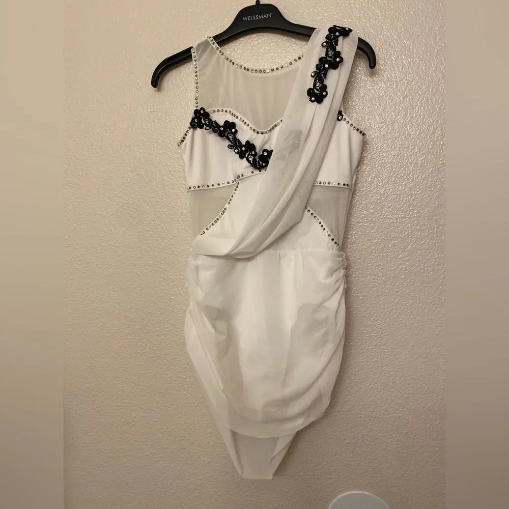 WEISSMAN Balera custom Dance white black Costume Mesh Drape Dress D11450 SA